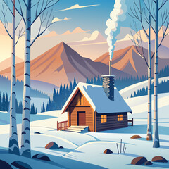 Snowy Cabin in Mountain Twilight