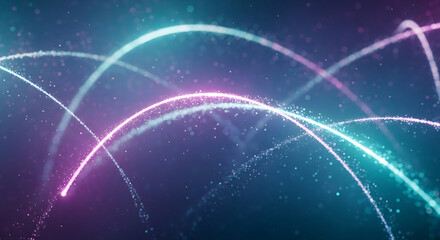 Abstract Glowing Arcs with Particles Background for Technology Data Communication and Futuristic Network Connection with Dynamic Particle Trails 150x150