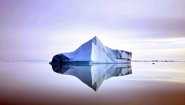A large, sculpted iceberg floats in calm arctic waters, its reflection creating a symmetrical mirror image. - Powered by Adobe