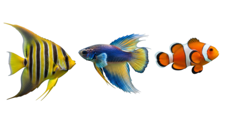 Colorful aquarium tropical underwater fish species types on transparent background