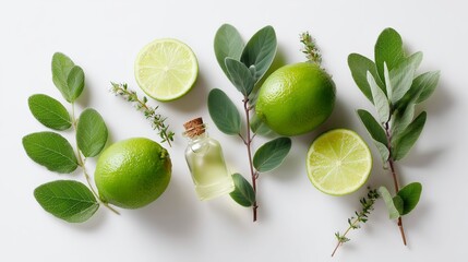 Limes and fresh herbs arranged on white background with essential oil bottle