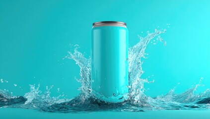 A teal can amidst a dynamic splash of water against a turquoise background