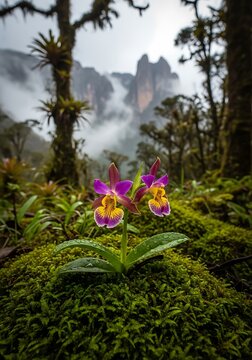 Orchids in Canaima National Park, Venezuela - A Misty Mountain View.