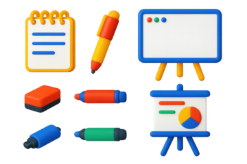 Meeting Essentials 3D Icons. 3D icon set of meeting essentials: notepads, pens, whiteboards, markers, erasers, presentation boards
