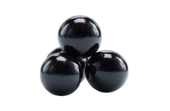 Three glossy, dark-purple spheres, tightly clustered, forming a small, triangular shape. Perfect, round, and reflective surfaces. Isolated on black background - Powered by Adobe