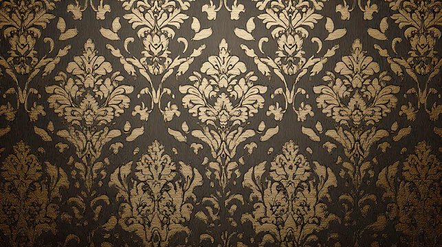 An elegant vintage wallpaper background with intricate golden patterns. The design is classic and detailed