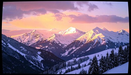 A breathtaking panoramic view of snow-covered mountain peaks illuminated by a colorful sunset, with pine trees in the foreground.
