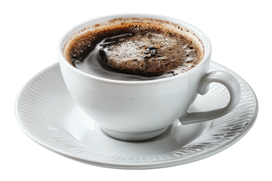 A hot cup of dark coffee with frothy crema on a saucer