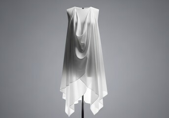 Elegant white sleeveless asymmetrical draped dress with a cowl neck, presented on a mannequin against a neutral background mockup