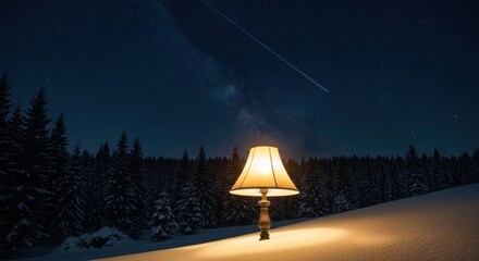 Illuminated lamp in a snowy landscape under a starry night sky