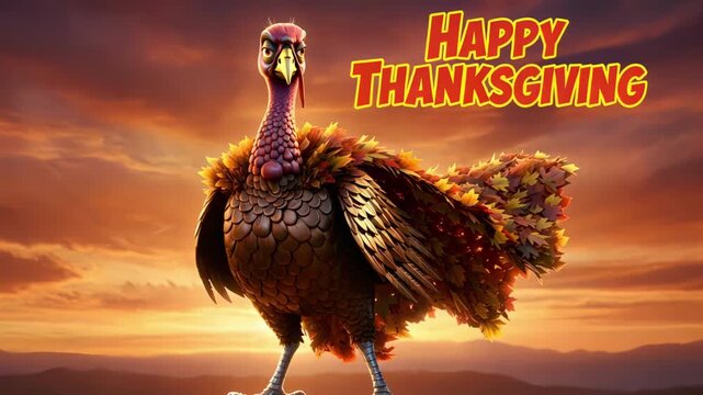 Superhero-style animated turkey with metallic bronze feathers and an autumn leaf cape posing under orange red sky with bold comic thanksgiving text