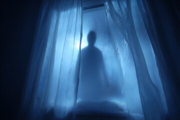 Mysterious silhouette of a person behind frosted glass and sheer curtains bathed in eerie blue light, evoking suspense and intrigue.