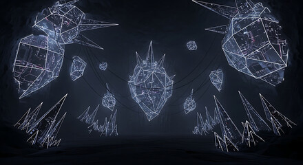 Geometric Glowing Crystals Suspended in Dark Cave Environment with Dramatic Lighting and Modern Futuristic Aesthetic
