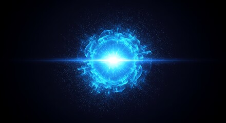 Digital rendering of a vibrant blue energy sphere with bursts and a horizontal light beam