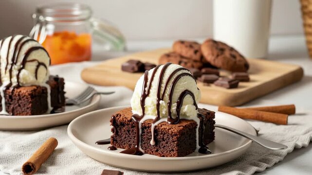 Decadent chocolate brownie topped with creamy vanilla ice cream and rich fudge sauce 4k high quality footage