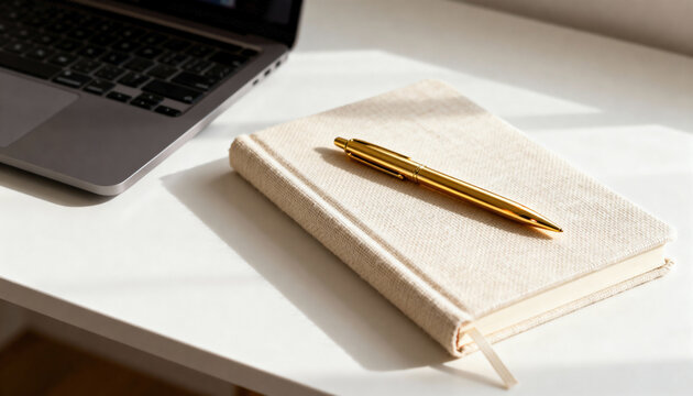 A gold pen on a beige notebook at a modern minimalist workspace. Clean desk with a laptop for business or study. Productivity and organization concept with copy space