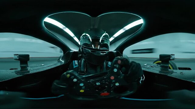 Driver steering racecar cockpit with helmet. Racing motorsport speed in pitlane. Formula control shown through steering and cockpit instruments. Focused professional ready for competition. Speed.