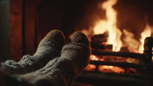 Cozy Evening: A person wearing warm woolen socks relaxes in front of a crackling fire, a scene of warmth and comfort. 