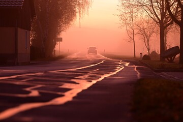 Fototapeta premium Nebelfahrt. Auto auf einsamer Straße fährt in nebeligen Sonnenaufgang