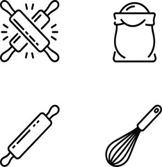 Fototapeta premium Vector Baking Utensil Line Icon Set, Rolling Pin, Whisk, Flour Sack, and Kitchen Prep Outline Symbols