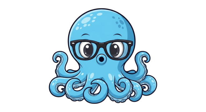 Cartoon octopus with glasses cute sea animal illustration on transparent background