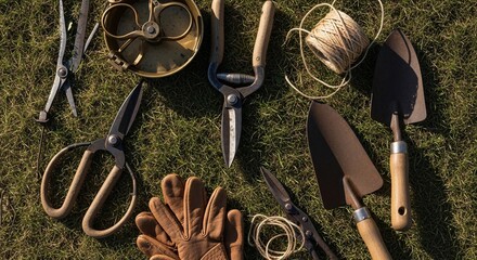 Gardening Tools on Grass - A Gardeners Collection.