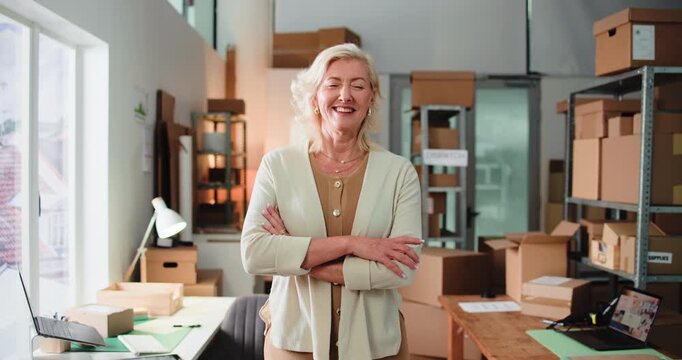 Face, ecommerce and woman with arms crossed, funny and business owner with procurement expert. Mature person, pride and entrepreneur in workplace, supply chain and distribution with logistics