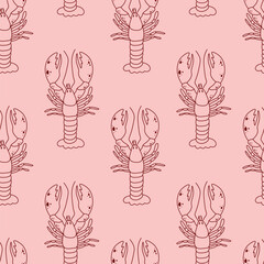 Seamless pattern with lobster. Doodle style, summer sea background. Seafood, Mediterranean. Vector 