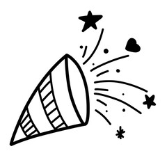 Party popper, birthday cracker with confetti. Christmas doodle. Vector simple design isolated on white background	