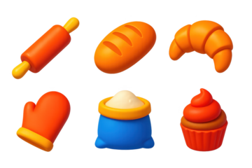 3D Bakery Icon Set. 3D icon set of bakery items: rolling pin, loaf of bread, croissant, cupcake, flour bag, oven mitt. A set of 3D