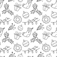 Christmas doodle seamless pattern. Winter holidays, merry vibe. Gift, bauble, holly, confetti cracker, garland. Vector isolated on white background