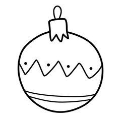 Christmas tree decoration bauble. Ornament ball, winter festive holidays. Doodle style, vector isolated on white background  