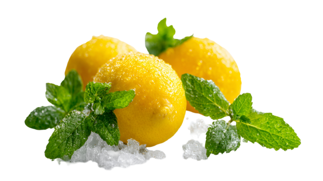 Fresh lemons and mint leaves with ice cubes isolated on transparent background