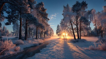 A snowy forest path is illuminated by the sun at dawn.