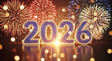2026 fireworks in the night sky with sparkling lights.