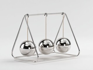Newton's cradle with three chrome spheres hanging in a metal frame
