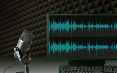Microphone and computer screen displaying audio waveforms in a recording studio setup