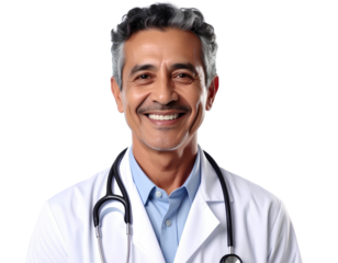 Glowing studio strobe light transparent background - Firefly_Cheerful mature doctor posing and smiling at camera, healthcare and medicine png form