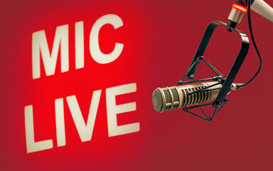 Microphone in radio studio and on air sign