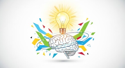 A light bulb with a brain inside, surrounded by colorful geometric shapes and arrows.