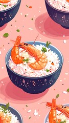 Cartoon-style illustration of shrimp and rice bowls