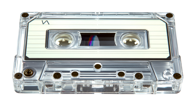 Vintage clear audio cassette tape isolated on transparent background