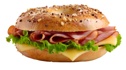 Delicious ham cheese lettuce bagel sandwich isolated on transparent background