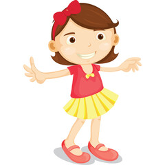 Cartoon young girl with brown hair wearing a red short sleeve shirt yellow pleated skirt and red shoes with a red bow in her hair smiling and standing on a transparent background