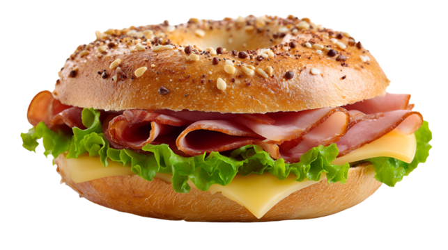 Delicious ham cheese lettuce bagel sandwich isolated on transparent background