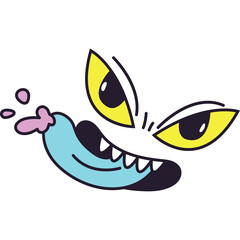 Cartoonish Creature Face With Yellow Eyes Blue Mouth And Pink Droplets on White Background
