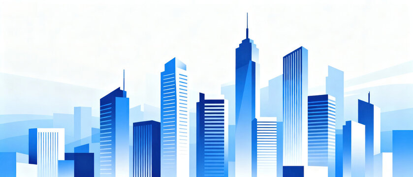 A modern city skyline featuring tall blue buildings representing urban architecture and city development.