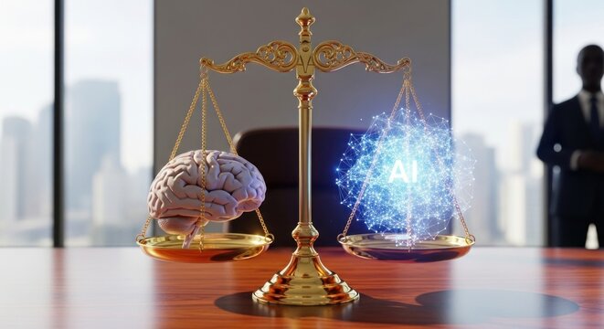 A golden scale with a brain and AI icon on it, placed on a wooden table in a modern office setting.