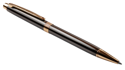 Elegant dark metallic ballpoint pen with gold accents isolated on transparent background