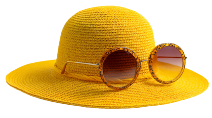 Yellow straw sun hat with sunglasses isolated on transparent background